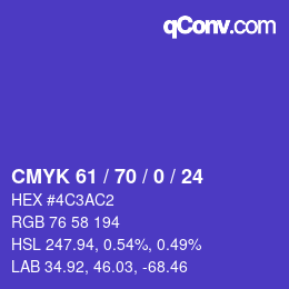 カラーコード: CMYK 61 / 70 / 0 / 24 | qconv.com