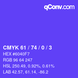 カラーコード: CMYK 61 / 74 / 0 / 3 | qconv.com