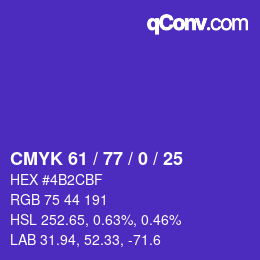 颜色代码: CMYK 61 / 77 / 0 / 25 | qconv.com