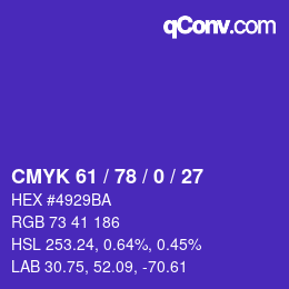 Color code: CMYK 61 / 78 / 0 / 27 | qconv.com