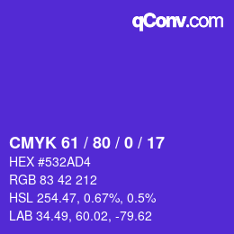 カラーコード: CMYK 61 / 80 / 0 / 17 | qconv.com