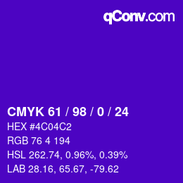 カラーコード: CMYK 61 / 98 / 0 / 24 | qconv.com