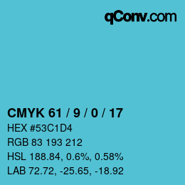 Farbcode: CMYK 61 / 9 / 0 / 17 | qconv.com