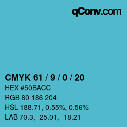 Color code: CMYK 61 / 9 / 0 / 20 | qconv.com