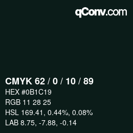 颜色代码: CMYK 62 / 0 / 10 / 89 | qconv.com