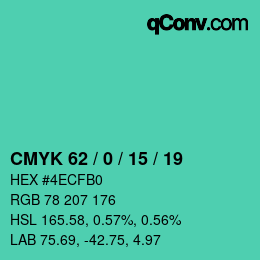 颜色代码: CMYK 62 / 0 / 15 / 19 | qconv.com