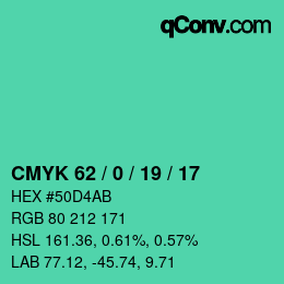 Color code: CMYK 62 / 0 / 19 / 17 | qconv.com