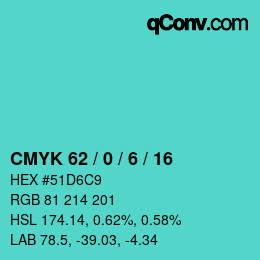 Color code: CMYK 62 / 0 / 6 / 16 | qconv.com