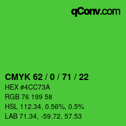 Farbcode: CMYK 62 / 0 / 71 / 22 | qconv.com