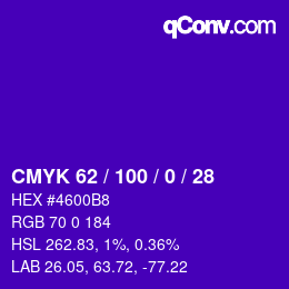 Code couleur: CMYK 62 / 100 / 0 / 28 | qconv.com