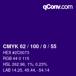 Farbcode: CMYK 62 / 100 / 0 / 55 | qconv.com