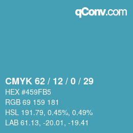 Farbcode: CMYK 62 / 12 / 0 / 29 | qconv.com