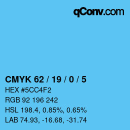 Color code: CMYK 62 / 19 / 0 / 5 | qconv.com