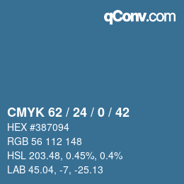 カラーコード: CMYK 62 / 24 / 0 / 42 | qconv.com
