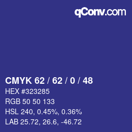 Color code: CMYK 62 / 62 / 0 / 48 | qconv.com