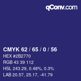 Code couleur: CMYK 62 / 65 / 0 / 56 | qconv.com