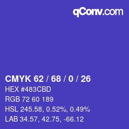 カラーコード: CMYK 62 / 68 / 0 / 26 | qconv.com