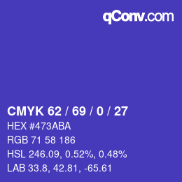 カラーコード: CMYK 62 / 69 / 0 / 27 | qconv.com