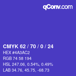 カラーコード: CMYK 62 / 70 / 0 / 24 | qconv.com