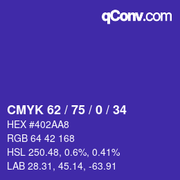 カラーコード: CMYK 62 / 75 / 0 / 34 | qconv.com