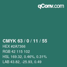 颜色代码: CMYK 63 / 0 / 11 / 55 | qconv.com