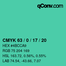 Color code: CMYK 63 / 0 / 17 / 20 | qconv.com