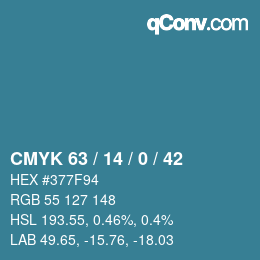 Color code: CMYK 63 / 14 / 0 / 42 | qconv.com