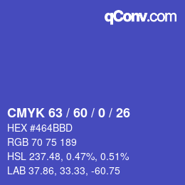 カラーコード: CMYK 63 / 60 / 0 / 26 | qconv.com
