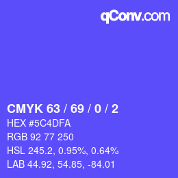 カラーコード: CMYK 63 / 69 / 0 / 2 | qconv.com