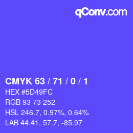 カラーコード: CMYK 63 / 71 / 0 / 1 | qconv.com