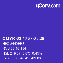カラーコード: CMYK 63 / 75 / 0 / 28 | qconv.com