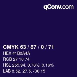 カラーコード: CMYK 63 / 87 / 0 / 71 | qconv.com