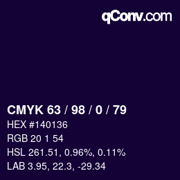 カラーコード: CMYK 63 / 98 / 0 / 79 | qconv.com
