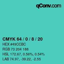 カラーコード: CMYK 64 / 0 / 8 / 20 | qconv.com