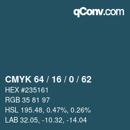 カラーコード: CMYK 64 / 16 / 0 / 62 | qconv.com