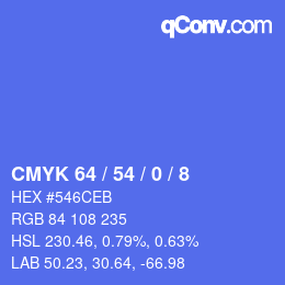 Color code: CMYK 64 / 54 / 0 / 8 | qconv.com