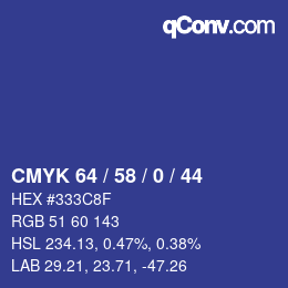 Color code: CMYK 64 / 58 / 0 / 44 | qconv.com