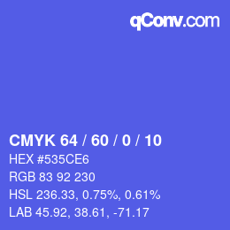 カラーコード: CMYK 64 / 60 / 0 / 10 | qconv.com