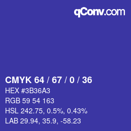 カラーコード: CMYK 64 / 67 / 0 / 36 | qconv.com