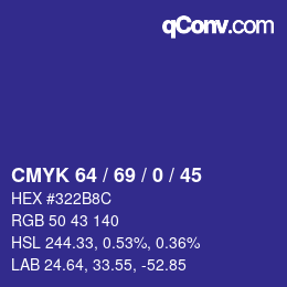 Color code: CMYK 64 / 69 / 0 / 45 | qconv.com