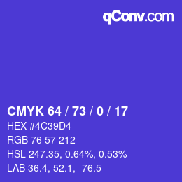 Farbcode: CMYK 64 / 73 / 0 / 17 | qconv.com