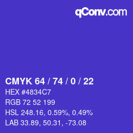 カラーコード: CMYK 64 / 74 / 0 / 22 | qconv.com