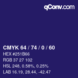 Color code: CMYK 64 / 74 / 0 / 60 | qconv.com