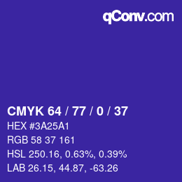 カラーコード: CMYK 64 / 77 / 0 / 37 | qconv.com
