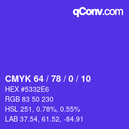 カラーコード: CMYK 64 / 78 / 0 / 10 | qconv.com