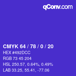 カラーコード: CMYK 64 / 78 / 0 / 20 | qconv.com