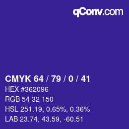 Color code: CMYK 64 / 79 / 0 / 41 | qconv.com