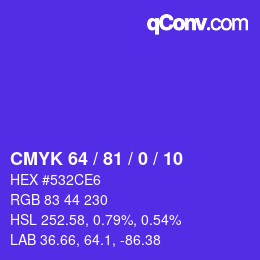 カラーコード: CMYK 64 / 81 / 0 / 10 | qconv.com