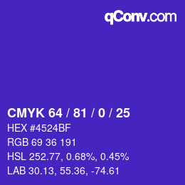 Code couleur: CMYK 64 / 81 / 0 / 25 | qconv.com