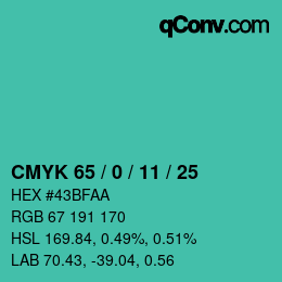 Color code: CMYK 65 / 0 / 11 / 25 | qconv.com
